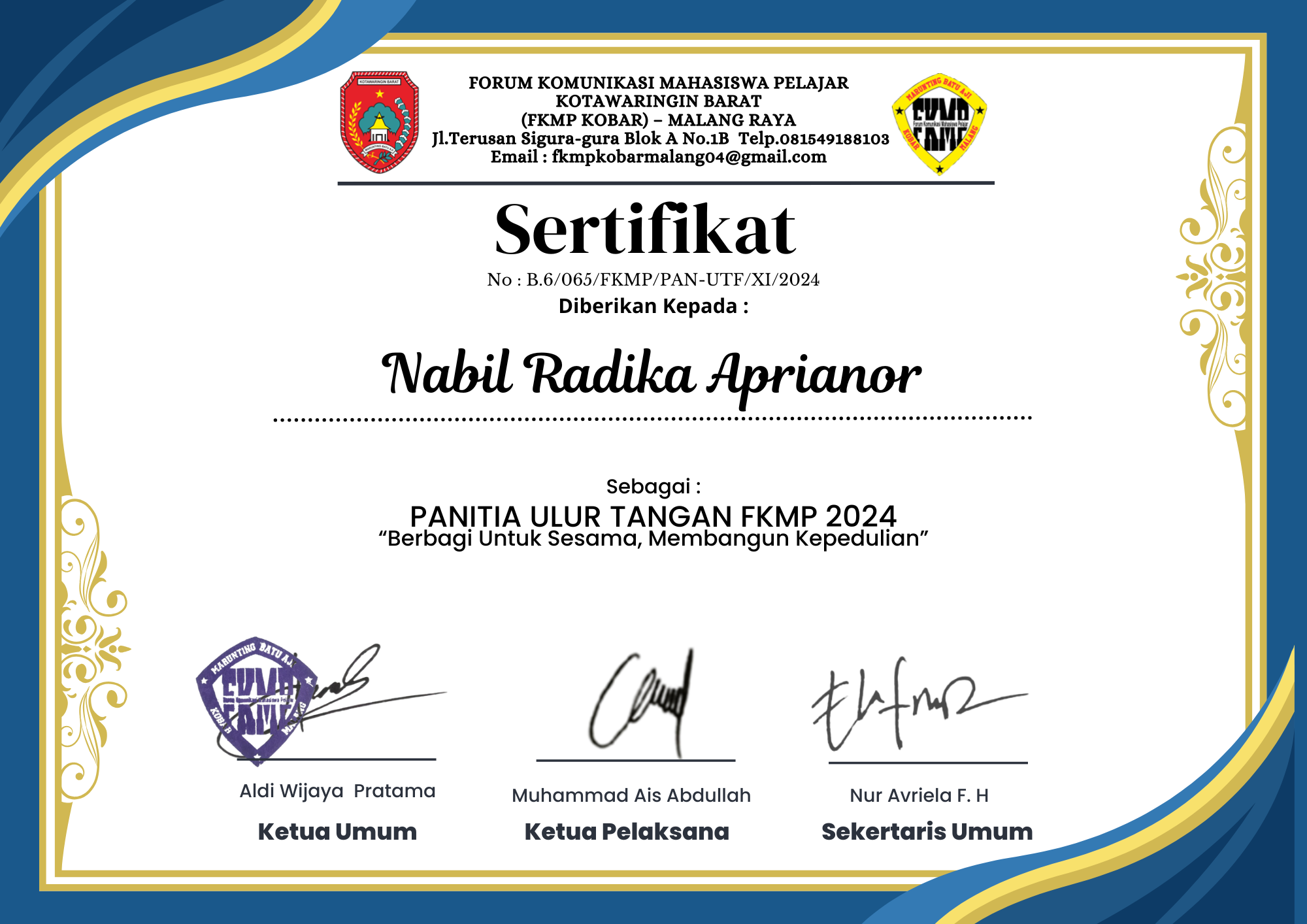 Sertifikat Panitia Uluran Tangan FKMP