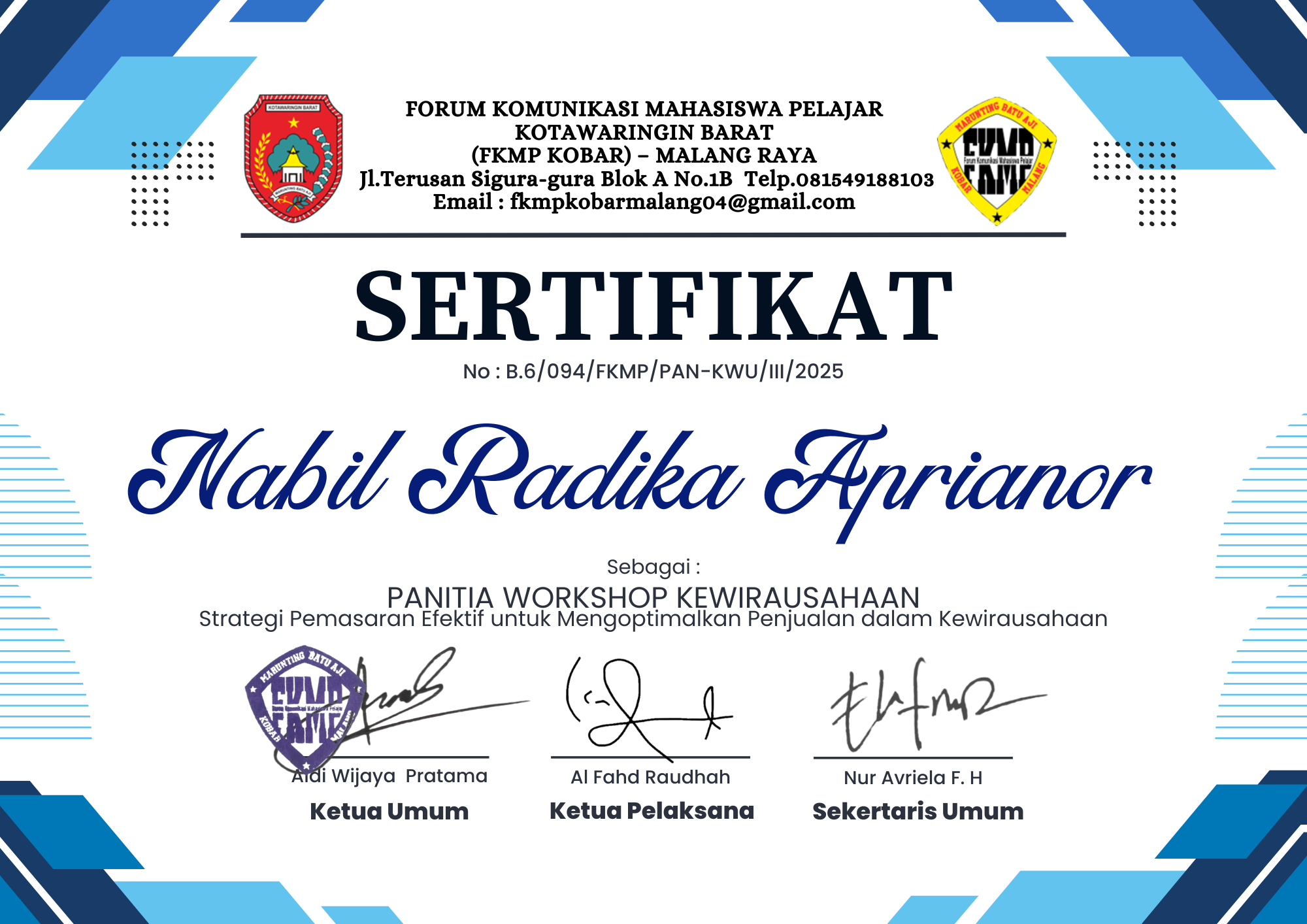 Sertifikat Panitia Workshop Kewirausahaan